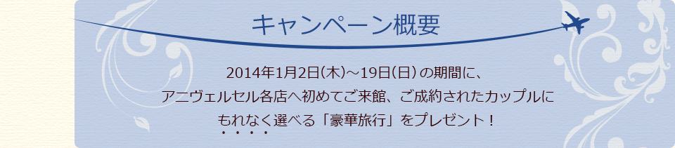 2014年1月2日（木）～19日（日）の期間に、アニヴェルセル各店へ初めてご来館、ご成約されたカップルにもれなく選べる「豪華旅行」をプレゼント！