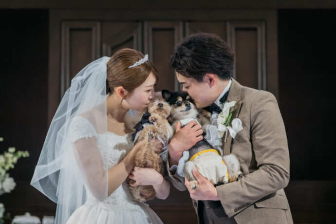 愛犬にキスする新郎新婦