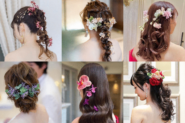 生花やドライフラワーを使った花嫁ヘアまとめ