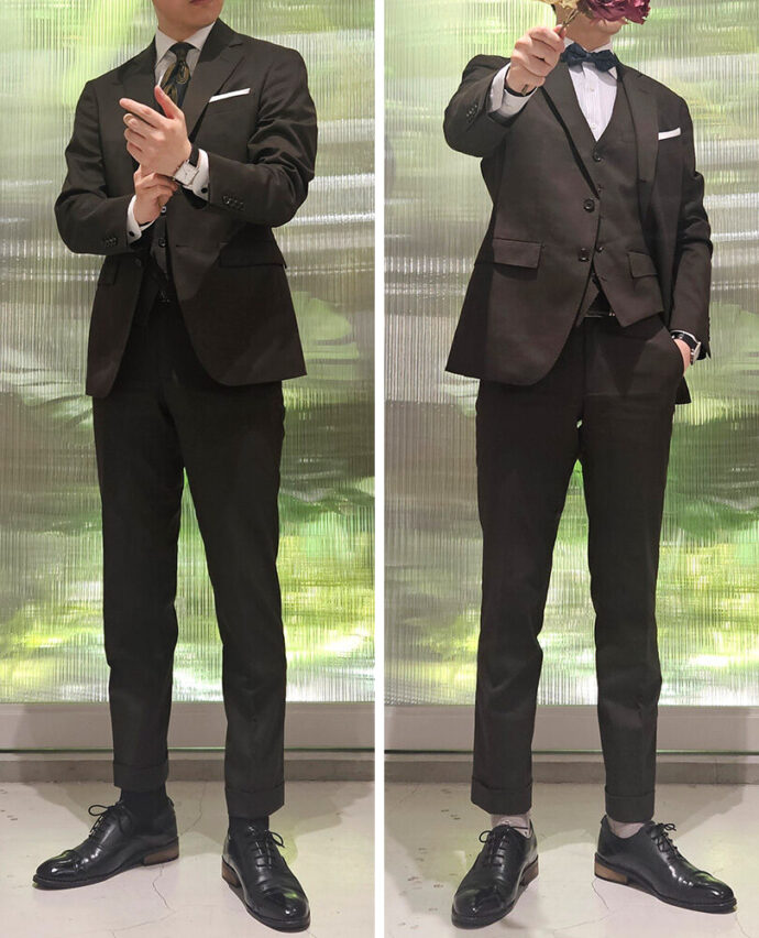 男性ゲストの結婚式の服装（ブラウンのスリーピーススーツ）