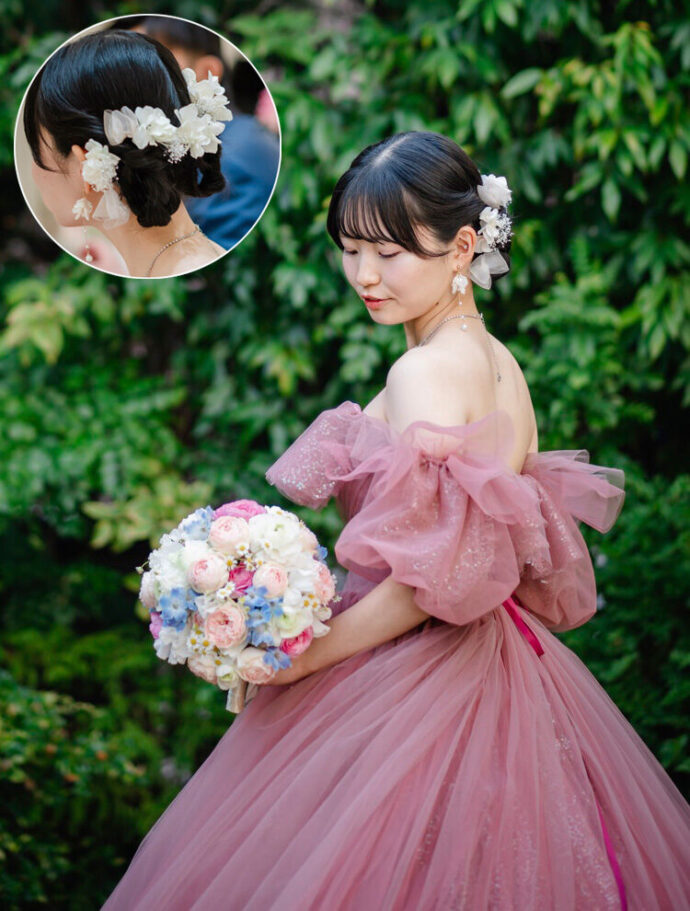 花嫁ヘアスタイルとカラードレス