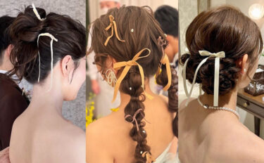 花嫁ヘアの細リボンアレンジ10選！人気のシニヨンやハーフツインも♡【今週のスタスナ】