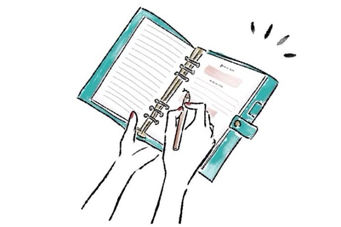 手帳で連絡先を確認するイラスト