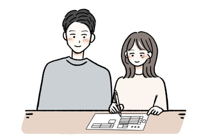 婚姻届を記入する男女のイラスト