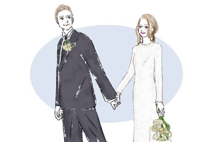 タキシード姿の男性がウェディングドレス姿の女性の手を引くイラスト