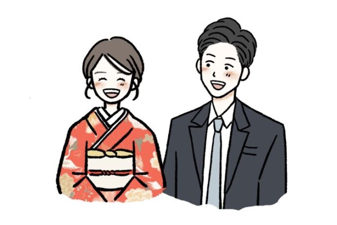 色打掛の女性とスーツの男性のイラスト