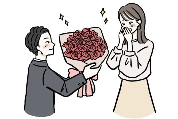 跪いて花束を渡してプロポーズするカップルのイラスト画像