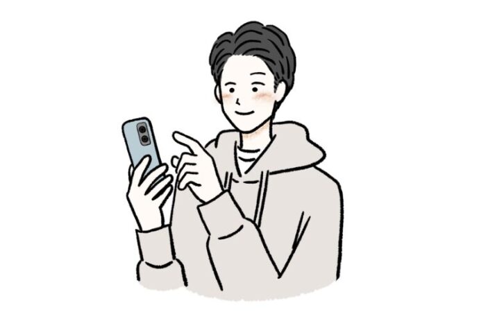 スマホで調べものをする男性のイラスト画像