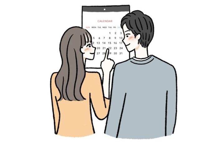 カレンダーを見ならが相談する男女のイラスト