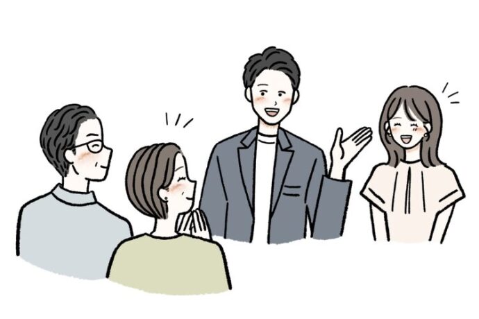 両親と話す新郎新婦のイラスト