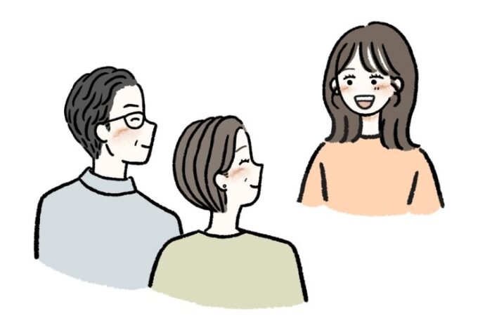 両親と相談する女性のイラスト