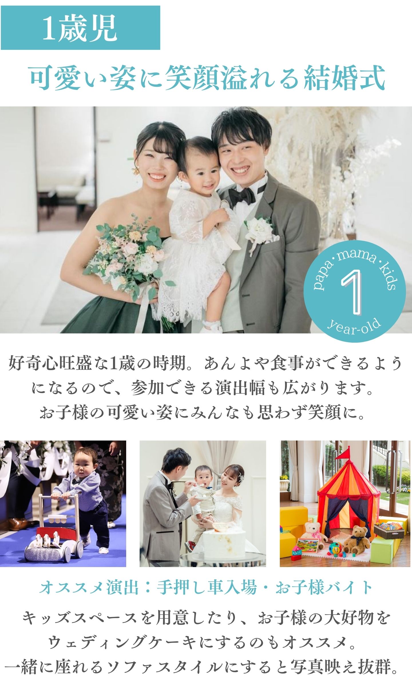 [1歳児]かわいい姿に笑顔溢れる結婚式：好奇心旺盛な1歳の時期。あんよや食事ができるようになるので、参加できる演出幅も広がります。お子様のかわいい姿にみんなも思わず笑顔に。オススメ演出：手押し車入場・お子様バイト　キッズスペースを用意したり、お子様の大好物をウェディングケーキにするのもオススメ。一緒に座れるソファスタイルにすると写真映え抜群。